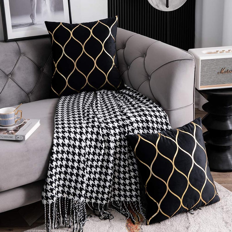 DEZENE 20x20 Inch Gold Velvet Throw Pillow Covers: 2 Pack Square Decorative Pillow Cases for Bedroom Sofa Couch Living Room, Black - Image 4